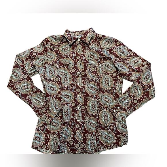 Cinch Women’s Large Long Sleeve Pearl Snap Western Shirt BurgundyTurquoise Print - Picture 1 of 6